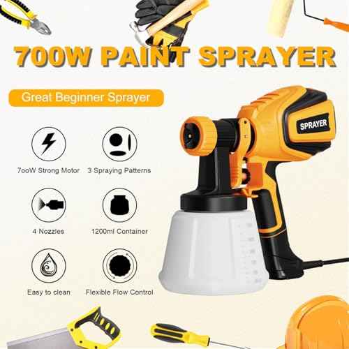 Paint Sprayer, 700W HVLP Spray Gun with Cleaning & Blowing Joints, 4 Nozzles and 3 Patterns, Easy to Clean, for Furniture, Cabinets, Fence, Walls, Door, Garden Chairs etc. VF803