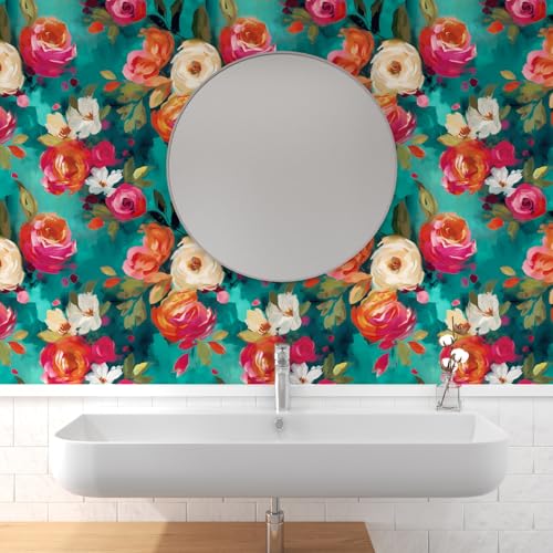 BOKEBEVE Floral Boho Peel and Stick Wallpaper Teal Blue 17.5 x 78.5 Inches