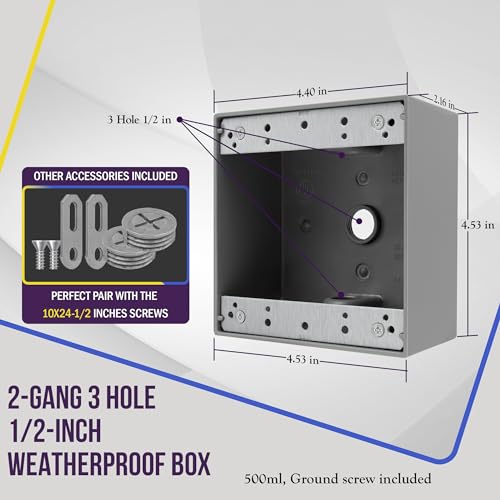 ENERLITES Weatherproof Outdoor Electrical Outlet Box 3 Holes 0.50" - 2-Gang, Grey