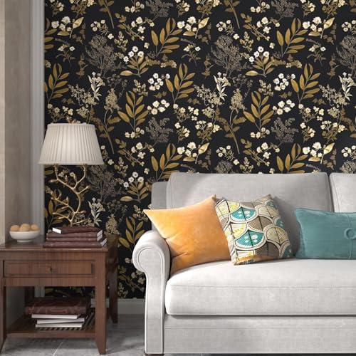 Laatse Vintage Floral Peel and Stick Wallpaper Black & Gold 17.5"x393" - Removable Wall Covering