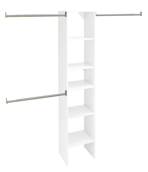 ClosetMaid SuiteSymphony Wood Closet Organizer Starter Kit with Tower and 3 Hang Rods, Shelves, Adjustable, Fits Spaces 4 – 9 ft. Wide, Engineered Wood, Pure White, 16"