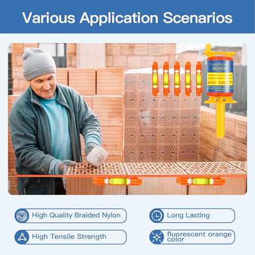 Mason Line with Handle #18, 540 Ft String, with 5 Built-in Levels and Spool Fluorescent String Line, Braided Nylon String for Gardening or Masonry Tools, Construction Twine for Outdoor Projects