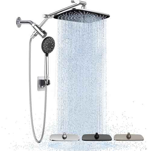 Veken Wide Rain Shower Head with Handheld, High Pressure Rainfall Showerhead Combo with Arm for Bathroom Accessories, Home Decor, Detachable Dual Shower with Multi Modes Handheld Spray, Silver Chrome