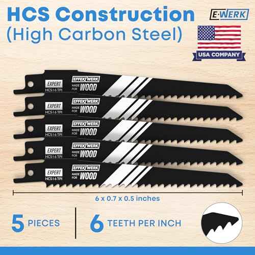 E?Werk - Reciprocating Saw Blades for Wood - 5 Pieces - High Carbon Steel (HCS) Sabre Sawblades for Wood & Plastic Cutting - Superior Strength, Wear Resistance & Durability - 6 TPI (Teeth per Inch)