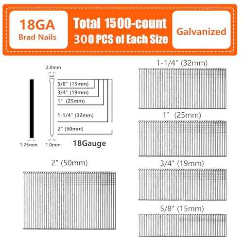 18 Gauge Galvanized Brad Nails Brown T-head 5 Sizes 1500-Pack (5/8"+3/4"+1"+1-1/4"+2"),300 per size, Assorted Size Project Pack, for Pneumatic, Electric 18GA Brad Nailer Gun