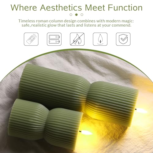 Girimax Olive Green Flameless Pillar Candles with Remote Set of 2