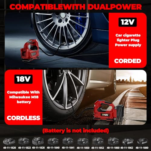 YAWV Cordless Tire Inflator for Milwaukee 18V Battery - Portable 160PSI Pump with Digital Pressure Gauge & LED Light