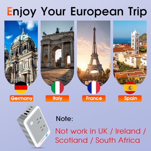 Mapambo Grey 220V to 110V Travel Voltage Converter for Europe, 6-in-1 Power Adapter with USB-C & USB-A Ports