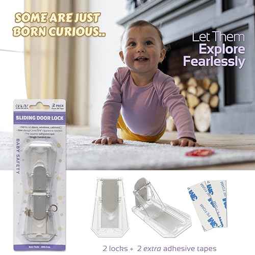 Child Proof Locks for Sliding Doors, Glass Windows, Closets & Cabinets (2 Pack) - Adhesive Baby Safety Keyless Sliding Door Stopper (Transparent)