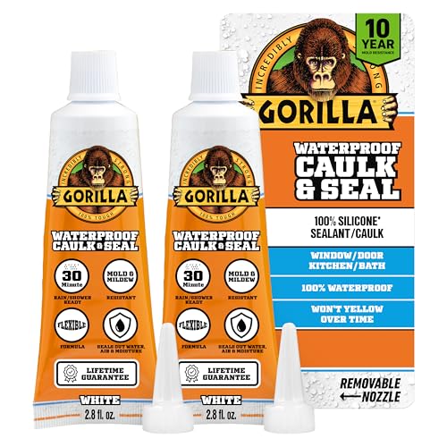 Gorilla 100% Silicone Waterproof Caulk Sealant 2-Pack, White, 2.8oz Tubes