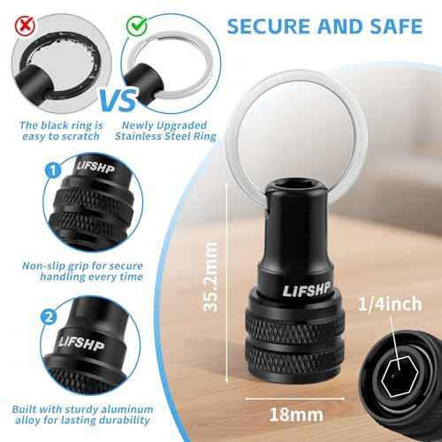 6Pcs Drill Bit Holder Key Chain, 1/4 Hex Shank Aluminum Alloy Push to Unlock Quick Release for Impact Bit Driver Extension Bar Nut Driver Screwdriver & Drill Bits,Tool Gifts for Men-Black