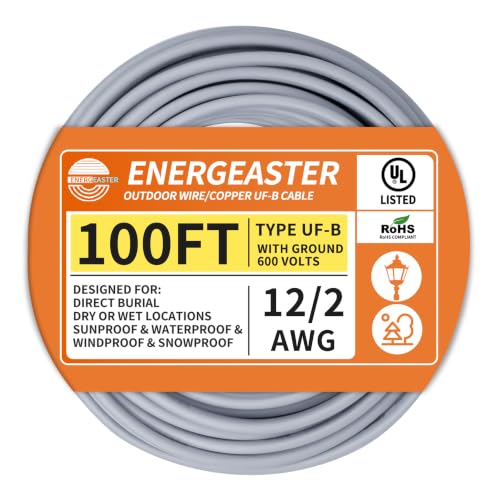Energeaster 12/2 AWG 100FT Solid Underground Feeder Cable, Direct Burial, Weatherproof