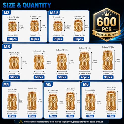 600+7Pcs Brass Threaded Inserts M2-M6 Kit with Tools for 3D Printing