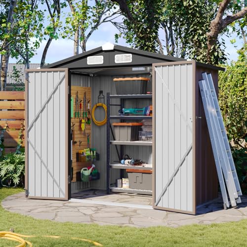 Aoxun 6x4 FT Outdoor Storage Shed - Brown Garden Metal Storage Building