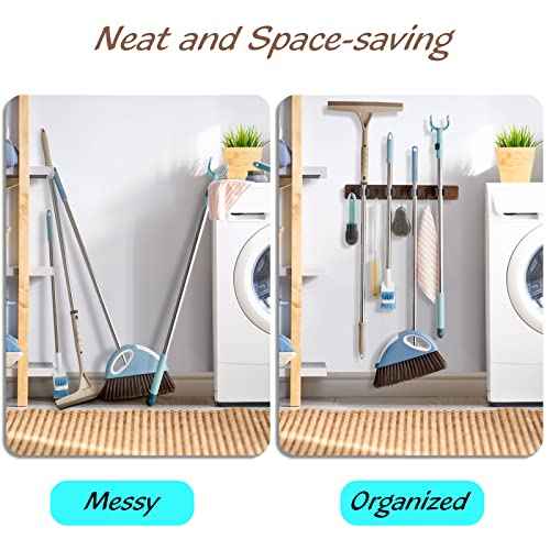 Mop and Broom Holder Wall Mount - Rustic Wood Broom Mop Hanger - Wall Mounted Garden Tool Rack Organizer for Closet Garage Laundry Room Kitchen Decor With 4 Slots & 4 Hooks