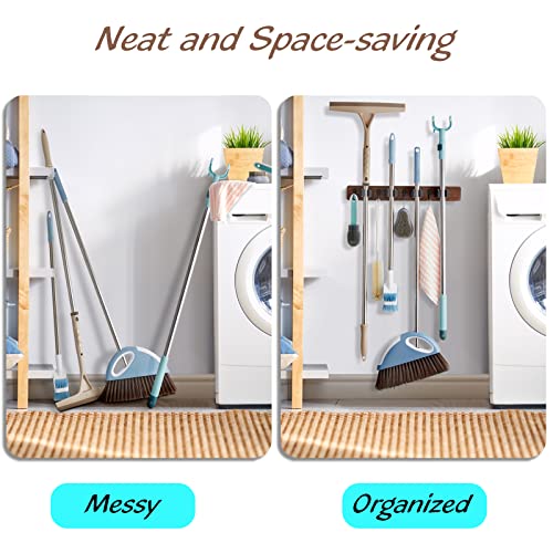 OUTNILI Rustic Wood Wall-Mounted Broom and Mop Holder with 4 Slots & Hooks - Brown / 4 Grips - 1 Pack