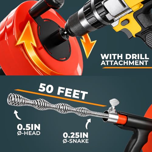 MEISTERFAKTUR 50FT Drain Snake with Drill Attachment - Unblock Sink & Drain