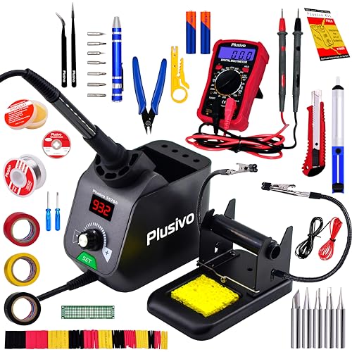 Soldering Iron Station Kit Digital Display Helping Hands 60 W 5 pcs Solder Tips, Solder Wire, Digital Multimeter ¡ÆC/¨¬F Conversion, Standby/Sleep Mode, Calibration Support for Electricians from Plusivo