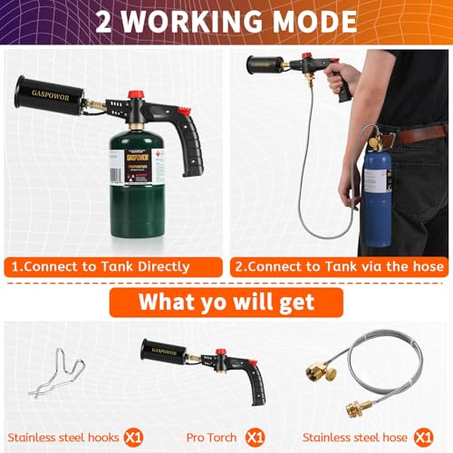 POWERFUL Grill Torch Charcoal Torch Lighter, Campfire Starter with stainless steel hose & hooks, Sous Vide,Kitchen torch,Grill & Cooking Propane Torch Charcoal Starter, BBQ Searing(Fuel Not Included)