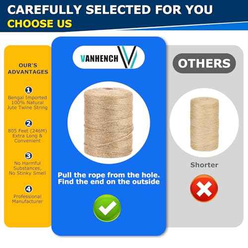 Vanhench 805FT Natural Jute Twine String, Bulk Hemp Jute Rope Cord Twine for Crafts Gardening, Gift Wrapping, Wedding D?cor, Packing Material Burlap Ribbon, Christmas Knitting Macrame Decoration