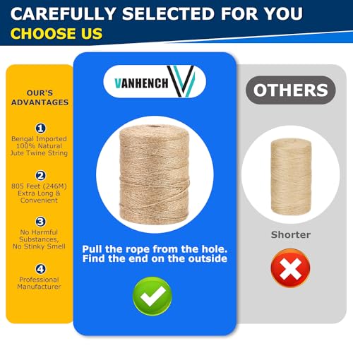 Vanhench Natural Jute Twine String 2mm x 805ft - Brown Eco-Friendly Rope for Crafts & Gardening