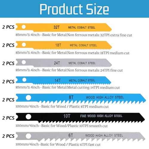 14PCS Universal Jig Saw Blade Set for Wood U-Shank Jig Saw Blade Set Assortment for Wood Plastic and Metal Cutting Jigsaw Blades Fit Vast Majority U Shank Jigsaws, 6T 8T 10T 14T 18T 24T 32T