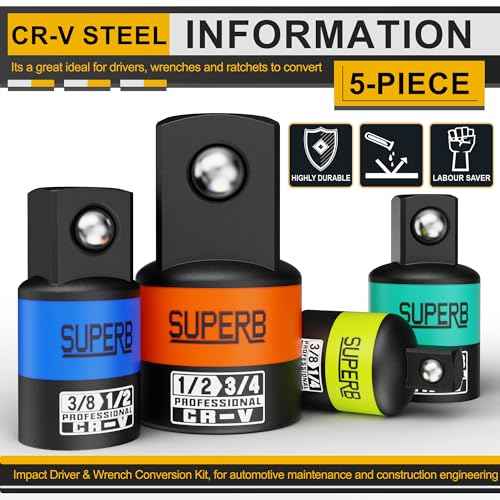 5-Piece Impact Socket Adapter Set, 1/4", 3/8", 1/2" Socket Converter&Reducer, Cr-V Steel, Impact Driver & Wrench Conversion Kit, for Automotive Maintenance and Construction Engineering