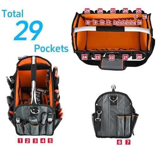 16 Inch Open Top Tool Bag, Thick 1680D Fabric, Foldable 29 Pockets Tool Tote Bags with Stainless Steel Handle & Padded Shoulder Strap, Easy Carry and Easy Tool Access