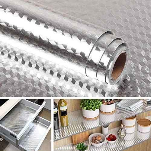 Livelynine Waterproof Kitchen Stickers for Cabinets Heat Resistant Backsplash Wallpaper for Kitchen Wall Self Adhesive Shelf Drawer Liner Stove Silver Contact Paper 15.8x78.8 Aluminum Foil Sink Cover