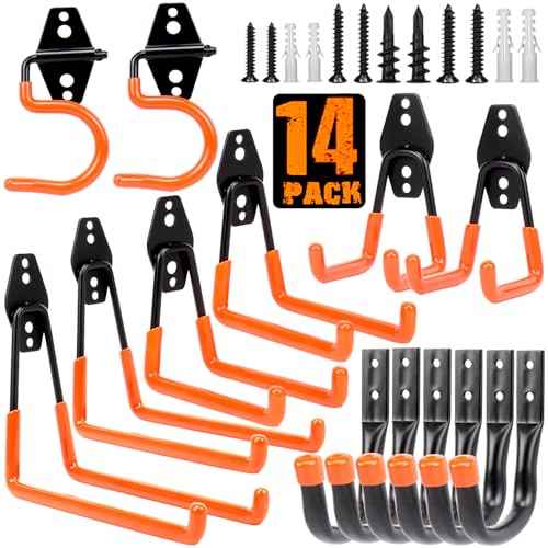 TocTen Garage Hooks, 14 Pack Garage Storage Hook Heavy Duty Solid Steel Wall Hooks, Wall Mount Storage Hook Kit with Anti-Slip Coating Ladder Hooks for Hanging Garden Tools Chair Hose Ropes (Orange)