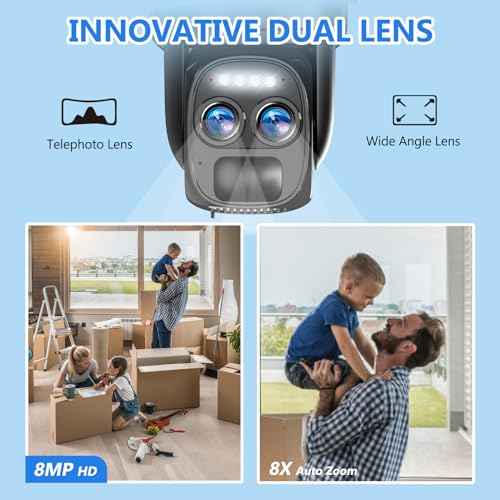 [ 8X Zoom ] 4K 5Dbi Security Cameras Wireless Outdoor, Battery Powered Solar Security Camera Outdoor 360¡Æ PTZ WiFi Camera with Spotlight Siren, Motion Detection,Color Night Vision,2.4/5GHz,Alexa