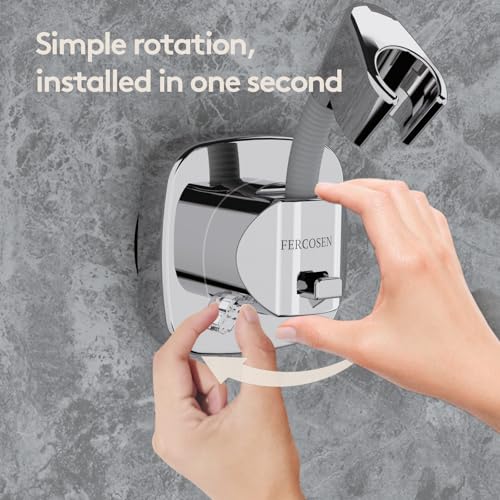 FERCOSEN Silver Shower Head Holder with Suction, 360° Swivel & Storage Hook