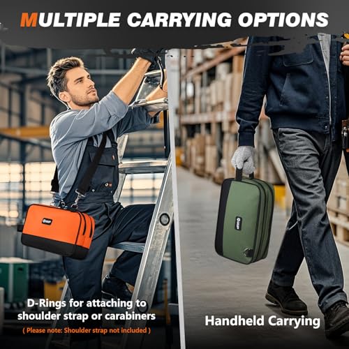 12 Inch Small Tool Bag 2 Pack, Zipper Tool Pouch Two Compartments, Utility ToolBag with Carrying Handle, Heavy Duty Tools Storage Organizer for Electrician Mechanic, Gift for Men Dad, Orange/Green