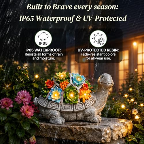 Grey Solar Turtle Garden Statue with Succulent & 7 LED Lights for Outdoor Decor