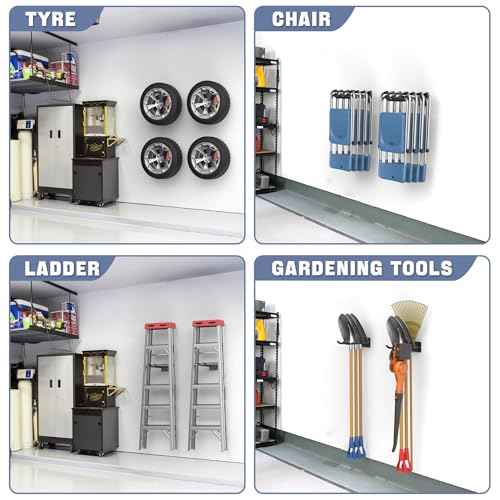 WALMANN Wall Mounted Garage Hooks, Heavy Duty 12-inch Tool Hooks for Hanging, Tool Hangers for Car Tires, Ladders, Folding Chairs, Strollers, Garden Tools (Pack of 4)