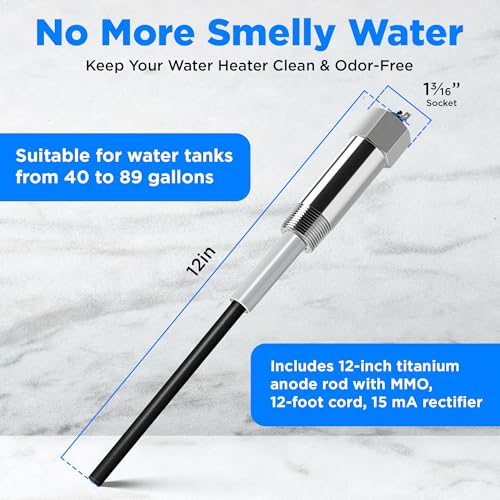 Titanium Powered Anode Rod for Water Heaters - Eliminate Sulfur & Rotten Egg Smell, 40-89 Gallon, Universal Compatibility