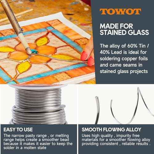 TOWOT 60/40 Solder for Stained Glass, 1 lb Spool, 3mm Dia, No Flux Solder Wire Stained Glass Supplies