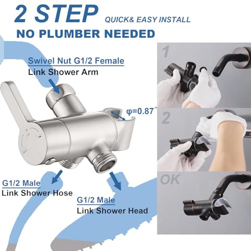 Uvish Brushed 3-Way Shower Diverter Valve with Hand Shower Holder, G1/2 Splitter