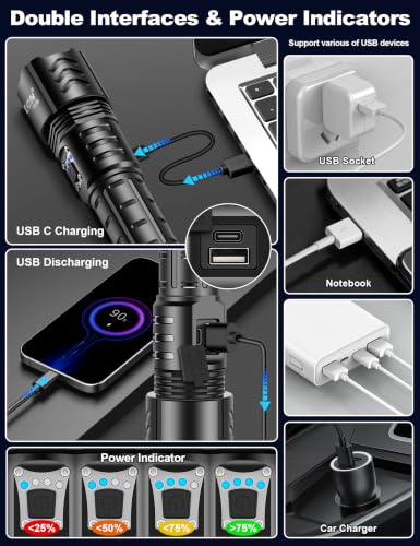 PHIXTON 6.65-Inch Rechargeable Super Bright LED Flashlight 100000 Lumens, Long Range 3280FT, USB-C, Long Lasting, Zoomable, Camping & Emergency Use