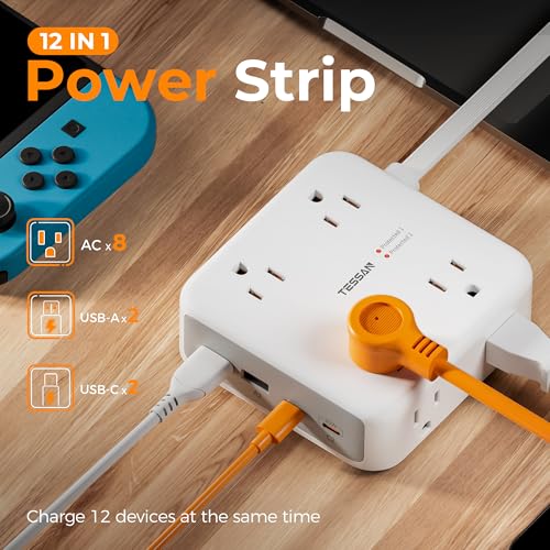 TESSAN 12-in-1 Power Strip with Surge Protection, 5 Ft Flat Wall Plug, USB-C & USB-A Ports, Mountable Extension Cord White