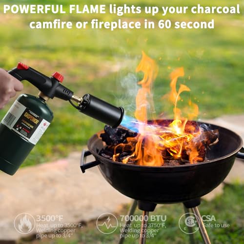 POWERFUL Grill Torch Charcoal Torch Lighter, Campfire Starter with stainless steel hose & hooks, Sous Vide,Kitchen torch,Grill & Cooking Propane Torch Charcoal Starter, BBQ Searing(Fuel Not Included)