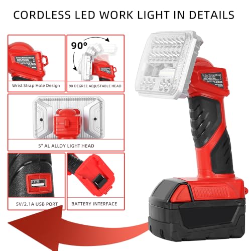 18W LED Work Light for Milwaukee M18 18V Lithium-Ion Battery, 2000 Lumen Al Alloy Flashlight Spotlight with USB Port, 3 Brightness Modes Indoor Outdoor Use(Battery Not Included)