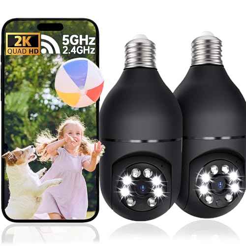 2K Light Bulb Camera Outdoor, 2.4/5GHz Wi-Fi 6 Security Cameras Wireless Outdoor, 360¡Æ PTZ Cameras for Home Security with Color Night Vision, AI Human Detection, 2 Way Talk, Easy Installation,2 Packs