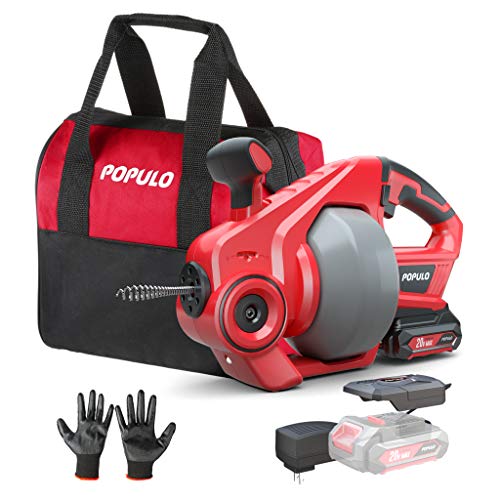 POPULO 20V Cordless 25FT Drain Auger with Auto-Feed & Replaceable Cable - Household Plumbing Tool