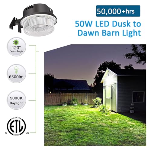 SZGMJIA 50W LED Barn Light Outdoor Dusk to Dawn 7,500LM 5000K ETL Aluminum