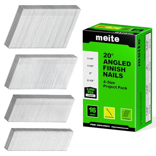 Meite 16 Gauge Finish Nails Set - 4 Sizes, 2000pcs, 20° Angled, Galvanized