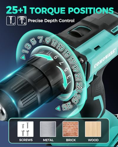 COMOWARE 20V Cordless Drill Set with Bits, Charger, Battery & Green Storage Case