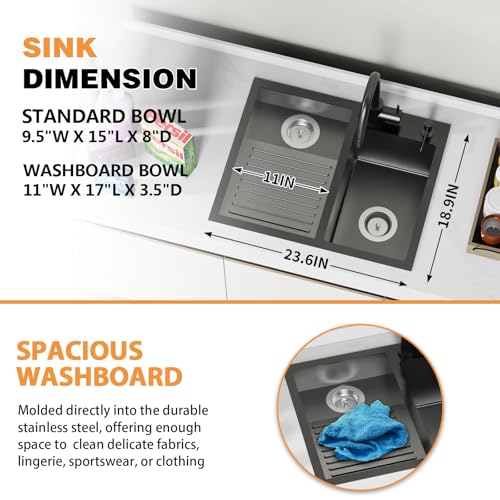 FAUENPEEY Black Stainless Steel Laundry Sink with Washboard 23.6x18.9-Inch Double Bowl