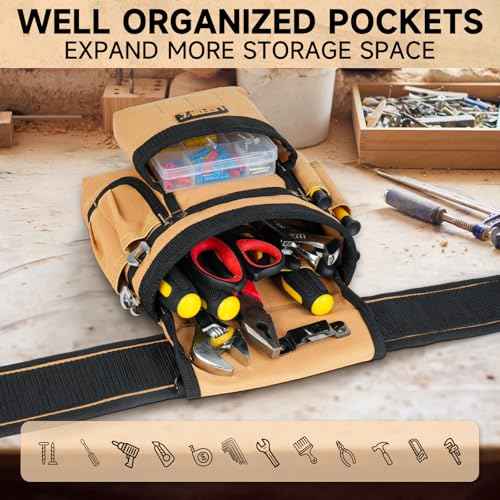 Tool Belt with Suspenders,27-Pockets Heavy Duty Tool Belts for Men with Magnetic Tool Pouch,Detachable & Adjustable Work Belt Bag for Electrician,Carpenter,Construction,Utility Toolbelt,Black,Brown