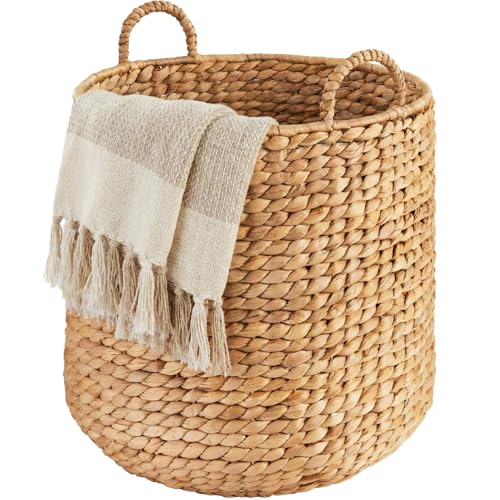 Round Water Hyacinth Storage Basket with Handles - Natural 16x16x20 in